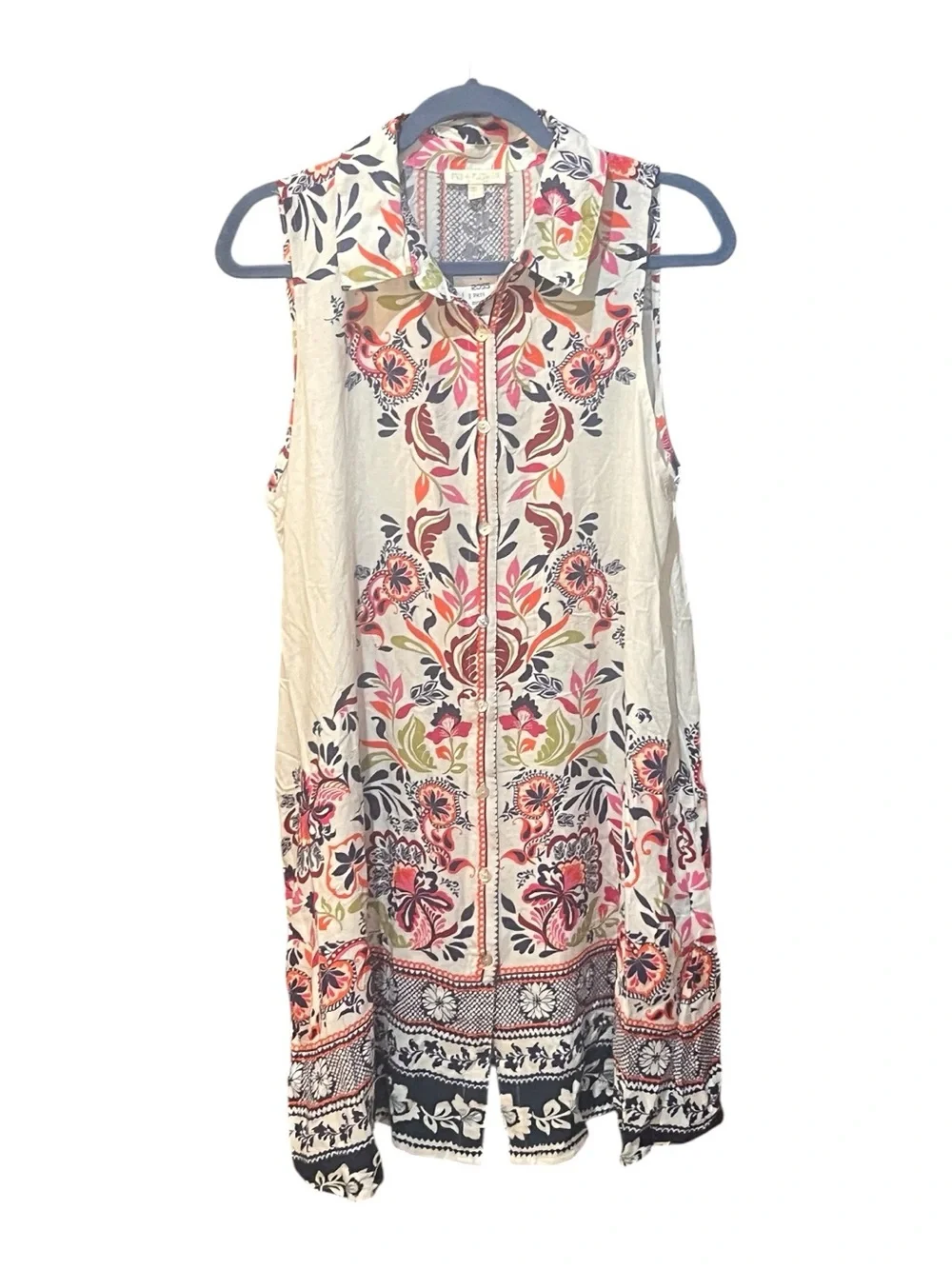 Fig & Flower linen Sleeveless A Floral Midi Dress in Cream and Multicolor NEW